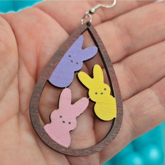 Easter Bunny Rabbit Earrings Spring Peeps Cute Wood Large 3" Dangle Jewelry NEW - Picture 2 of 6